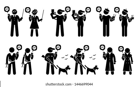 People from different occupations and jobs using mobile app for their works. Vector artwork depicts teacher, photographer, painter artist, hairstylist, hunter, and fashion model use smartphone app.