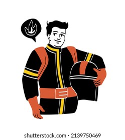 People different occupations. Man in firefighter uniform. Character prepares to cope with fire, hero and rescuer of inhabitants of city and country from flames. Cartoon flat vector illustration