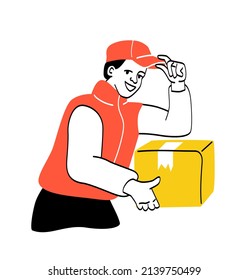 People different occupations. Man with parcel in his hands. Courier delivers goods to address. Convenient service and consequences of globalization, online shopping. Cartoon flat vector illustration