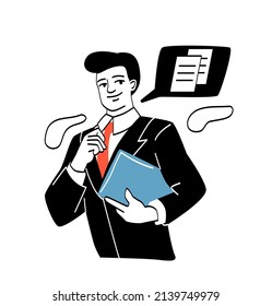 People different occupations. Man in suit with folder in his hands. Talented businessman or entrepreneur. Investor concludes contract, successful negotiations. Cartoon flat vector illustration