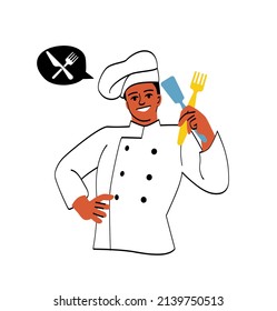 People different occupations. Person in chefs hat with fork and spatula. Cook preparing dish in kitchen. Restaurant or cafe worker, young professional smiling. Cartoon flat vector illustration