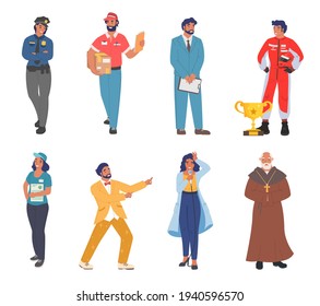 Personas de diferentes ocupaciones y profesiones, ilustración plana vectorial. Trabajador con uniforme, juego de caricaturas. Empresario, conductor de raza, sacerdote, showman, cantante, repartidor, policía.