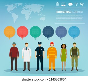 People of different occupations. Professions set with infographic elements. International Labor Day. Vector illustration