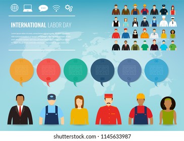 People of different occupations. Professions set with infographic elements. International Labor Day. Vector illustration