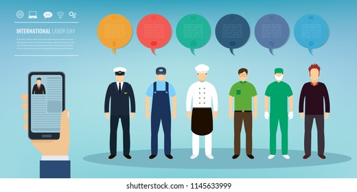 People of different occupations. Professions set with infographic elements. International Labor Day. Vector illustration