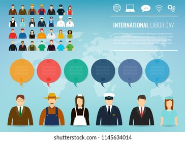 People of different occupations. Professions set with infographic elements. International Labor Day. Vector illustration