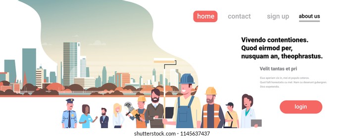 People Different Occupations Stay Together Over Cityscape Background Flat Portrait Horizontal Banner Copy Space Vector Illustration