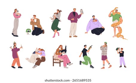 Pessoas e animais de estimação diferentes. Feliz casa proprietários de animais segurando e cuidando de cão, gato, papagaio, cobra boa, tartaruga, iguana exótica, hamster, coruja. Ilustração de vetor plano isolada no plano de fundo branco