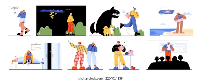 People with different phobias, fear of dogs, lightning, spiders and clowns. Characters afraid of darkness at night, sharks in sea, poverty and public speech, vector flat illustration