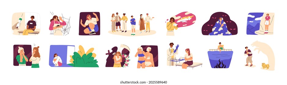 People with different phobias and fears. Psychological problem concept. Scenes set with afraid persons in panic suffering from mental disorders. Flat vector illustration isolated on white background