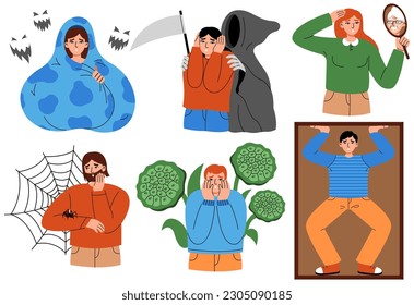 People with different phobias and fears. Psychological problem.  Female and male characters afraid of spiders, death, aging, darkness, confined spaces. Flat vector illustration.