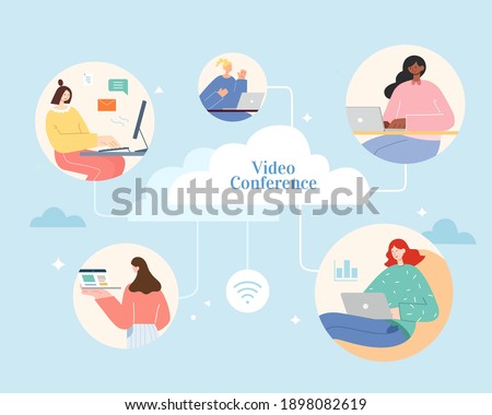 People from different places using laptops to access cloud database . Flat illustration, concept of cloud computing and remote access.