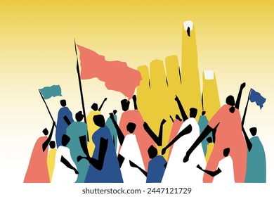 People from different political parties demonstrating in-front of a big hand showing electoral stain. Concept for election in India.