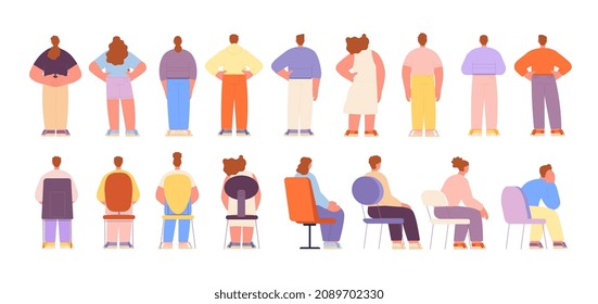 People in different poses. Backs characters, isolated standing and sitting man woman. Diverse back view, person sit on chair, utter vector collection