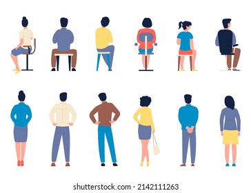 People in different poses. Backside standing and sitting pose of woman and man. Flat business and office characters, businessman, students, recent vector kit