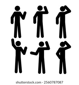  people in different poses, hand movement, pictogram of a human figure, flat vector illustration, sketch