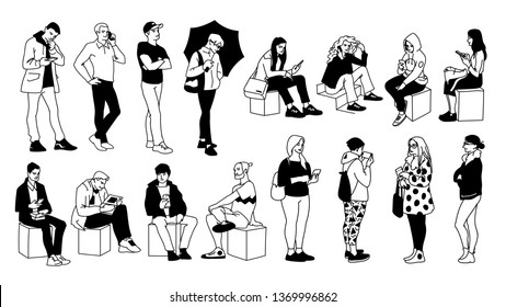 People in different poses. Monochrome vector illustration of set of young and adult men and women standing and sitting in simple line art style. Hand drawn sketch isolated on white background.