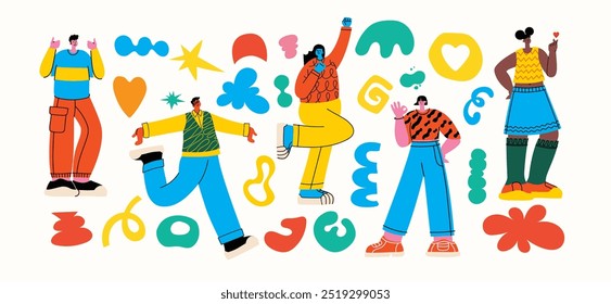 People in different poses and various geometric shapes. Outline characters, colorful abstract figures. Different mood, positions. Hand drawn Vector illustrations.