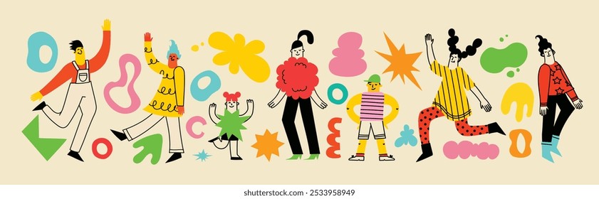 People in different poses and various geometric shapes. Outline characters, colorful abstract figures. Different mood, positions. Hand drawn Vector illustrations.