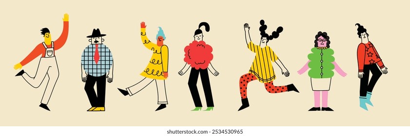 People in different poses and various geometric shapes. Outline characters, colorful abstract figures. Different mood, positions. Hand drawn Vector illustrations.