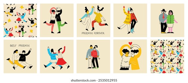 Personas en diferentes poses y varias Formas geométricas. Caracteres de contorno, figuras abstractas coloridas. Diferentes sentimientos, posiciones, concepto de diversidad. Ilustraciones vectoriales dibujadas a mano.