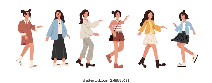 People in different position. People dance. Woman dance. Girl dancing. Woman character. Girl character. Cartoon girl. Cute people character. People walking.