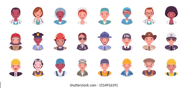 People in different profession avatar big bundle set. Emergency service workers face icons for gaming, online communities, Web forums. Vector flat style cartoon illustration isolated, white background