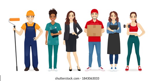 People different profession collection set. Builder, nurse, business woman, delivery man, barista, sport trainer. Isolated vector illustration