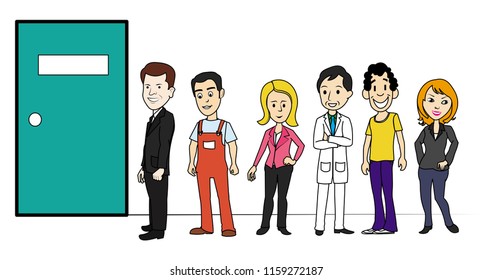 People from different profession standing waiting in a queue in front of a door write your text on the door
