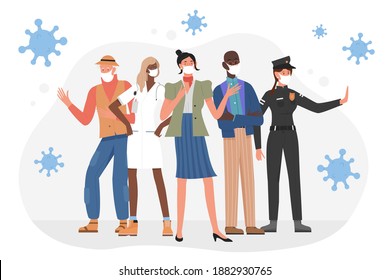 Personas de diferentes profesiones y edades en la ilustración vectorial de máscaras protectoras. Caricatura hombre mujer personajes con traje profesional uniforme y máscara facial para proteger contra el fondo del coronavirus