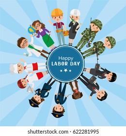 People of different professions around the blue frame. Happy Labor Day greeting card. People in uniform, military, teachers, businessmen, police, builders, bakers. Creative design with your text.