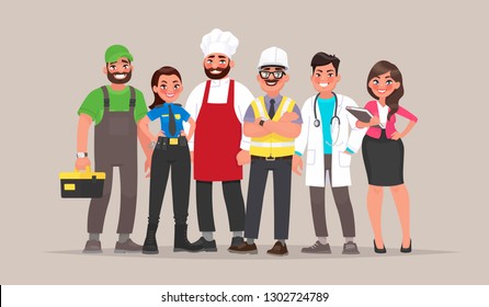 People of different professions. Builder, female police officer, cook, engineer, doctor and teacher. Template for Labor Day. Vector illustration in cartoon style