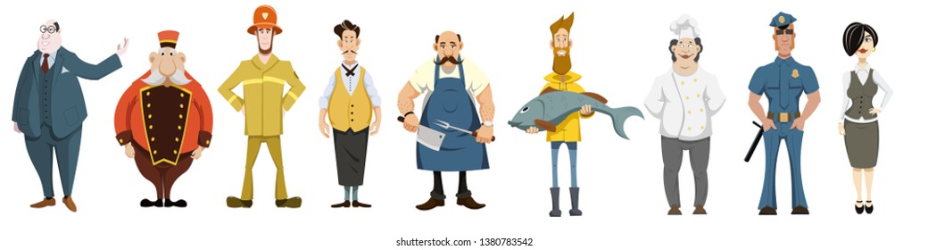  people of different professions businessman, waiter, fisherman, butcher, fireman, policeman, cook administrator, shvetsar, set