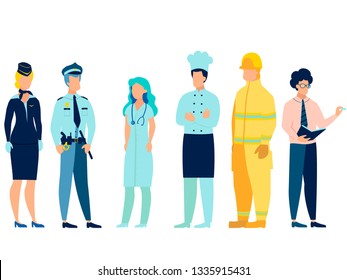 People of different professions. Doctor, fireman, teacher, stewardess, cook and policeman in uniform. In minimalist style. Cartoon flat Vector Illustration