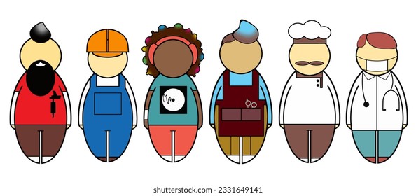 People of different professions and ethnicities. Builder, barber, doctor, DJ, cook, tattoo artist. Vector icons, art, logos.