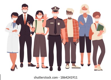 People different professions with face masks vector illustration. Cartoon professional characters team wearing protective masks, standing together, corona virus outbreak concept isolated on white