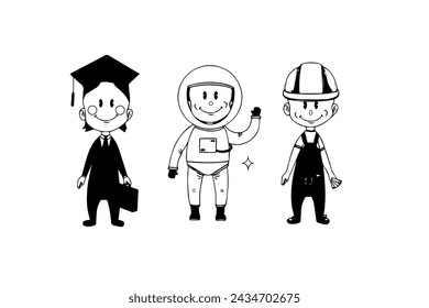 People of different professions, flat vector illustration isolated on white background, lawyer icon, astronaut icon, builder icon