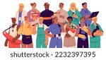 People of different professions, group portrait. Workers of diverse professional occupation, business standing together. Doctor, miner, cleaner. Flat vector illustration isolated on white background