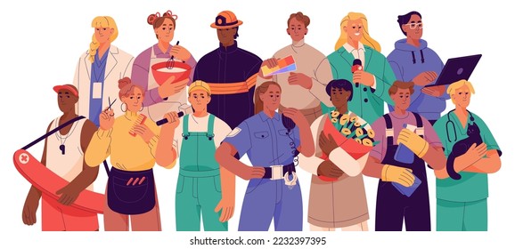 People of different professions, group portrait. Workers of diverse professional occupation, business standing together. Doctor, miner, cleaner. Flat vector illustration isolated on white background