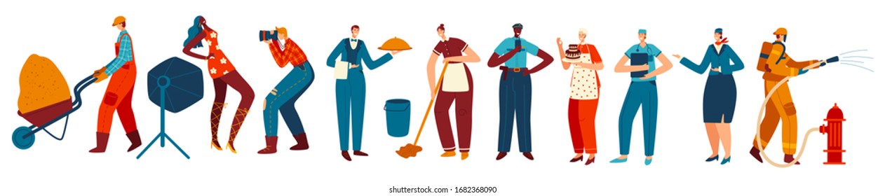 People of different professions, isolated cartoon characters, vector illustration. Men and women in work uniform, various occupations. Professional builder, doctor, waiter, cleaner and police officer