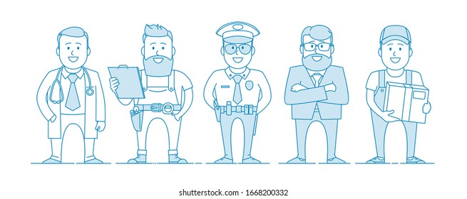 People are different professions. Labor Day. Doctor, builder, policeman, teacher, courier. Illustration in line art style. Vector