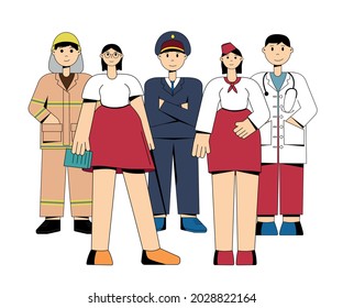People of different professions. Labor Day. Doctor, teacher, police officer, stewardess, firefighter