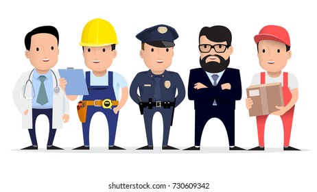 People are different professions. Labor Day. Doctor, builder, policeman, teacher, courier. Flat style. Vector illustration