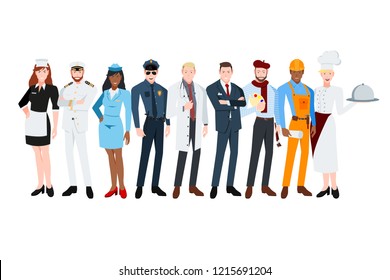 People of different professions. Maid, Captain, Stewardess, Policeman, doctor, businessman, painter, builder, chefe.Vector illustration in a flat style.