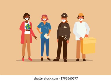 People of different professions are must wear masks and protect their health. Municipal people are protecting their life and stay safe. Safety social help.