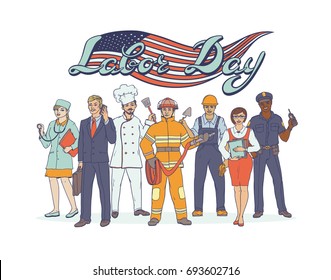 People different professions. National holiday Labor Day. Greeting card with American flag. Vector sketch pop art illustration occupations set. Woman and man working in sectors industry and services.