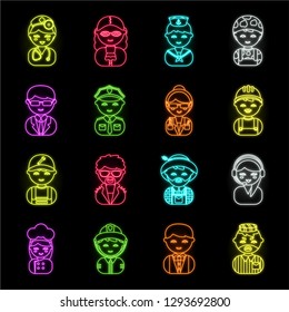 People of different professions neon icons in set collection for design. Worker and specialist vector symbol stock web illustration.