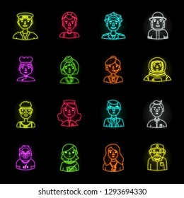 People of different professions neon icons in set collection for design. Worker and specialist vector symbol stock web illustration.