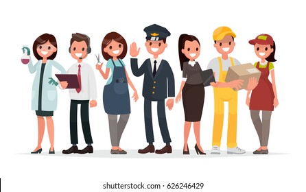 People of different professions on a white background. The laboratory assistant, the operator, the hairdresser, the driver, the teacher, the courier and the seller in the store. Vector illustration 