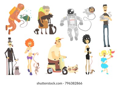 People of Different Professions with Pets. Vector Illustration Set